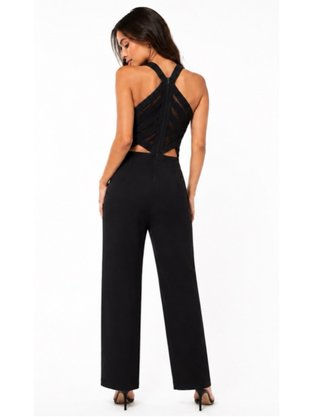 Black V-Neck Straight Leg Jumpsuit Built in bra cups Sheer back Medium 716